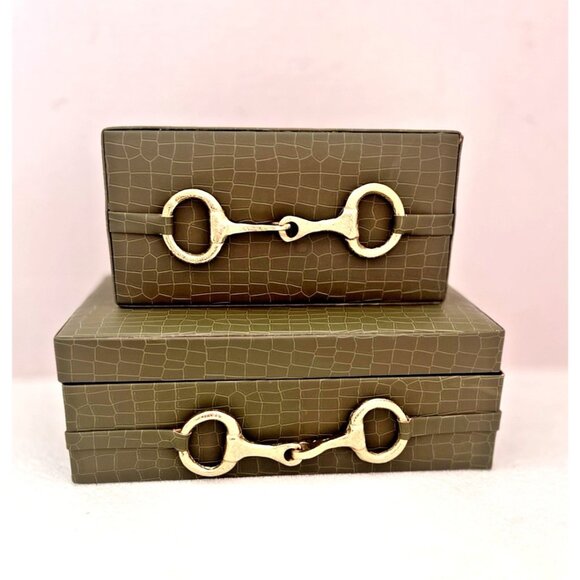 S/2 Vegan Crocodile Decorative Boxes GREEN GOLD EQUESTRIAN Jewelry Storage - Picture 3 of 16